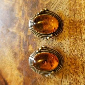 Vintage Amber and Silver Clip on Earrings